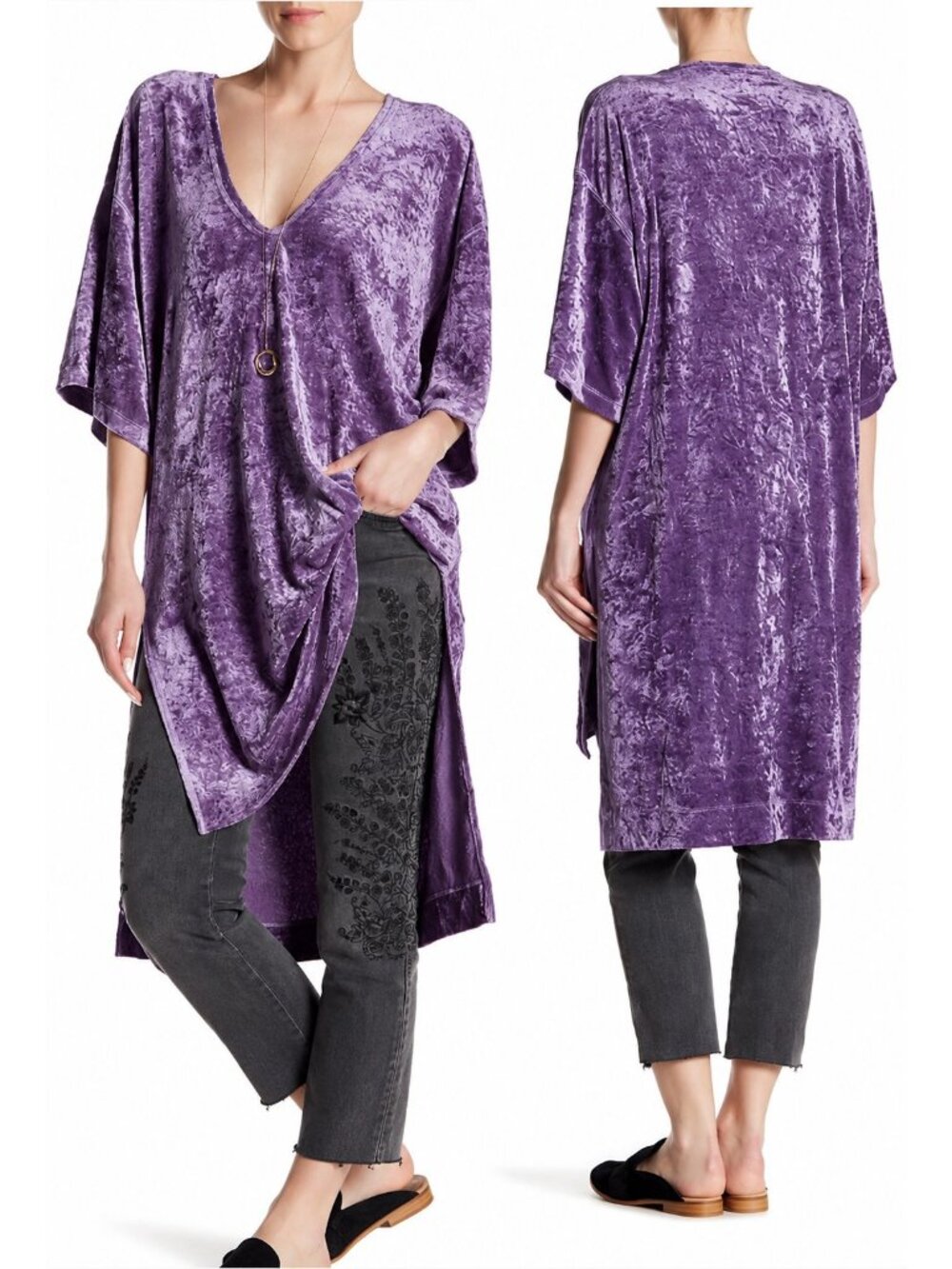 We The Free Luxe Purple Crushed Velvet Oversized Tunic Dress Size L Boho